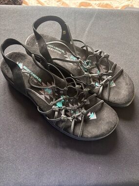 Skechers Black Strappy Comfort Sandals with Teal Accents